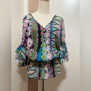 Alberto Makali 3/4 Bell Sleeve Sequin Colorful Top Size M Semi Sheer